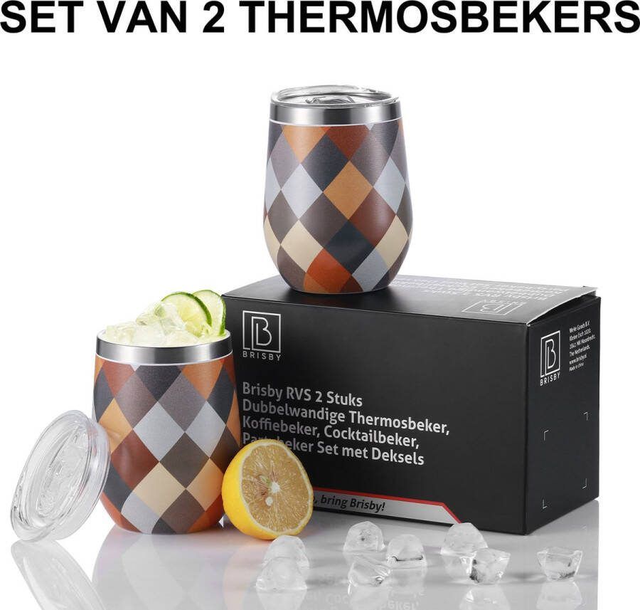 Brisby RVS 2 Stuks Dubbelwandige Design Thermosbeker Partybeker Set met Deksels – Blok