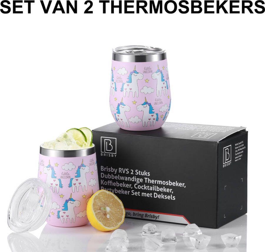 Brisby RVS 2 Stuks Dubbelwandige Design Thermosbeker Partybeker Set met Deksels – Unicorn