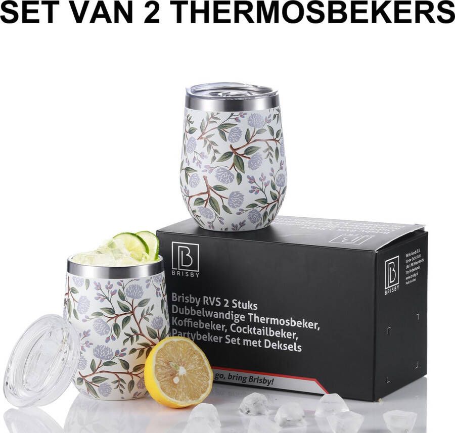 Brisby RVS 2 Stuks Dubbelwandige Design Thermosbeker Partybeker Set met Deksels – White Flower