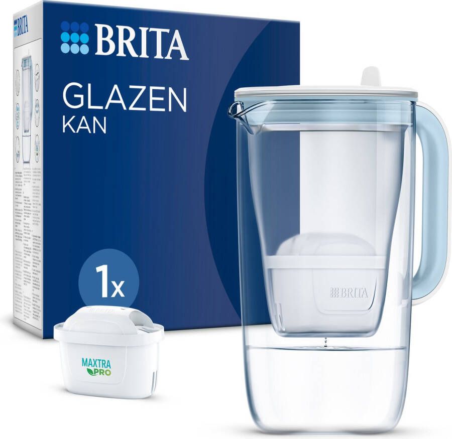 BRITA Duurzame Waterfilterkan in Glas met 1 stuk MAXTRA PRO ALL-IN-1 Filterpatroon 2.5L Blauw Voordeelverpakking Optimaal Hydrateren met Maxtra Filter voor Waterfilterkan