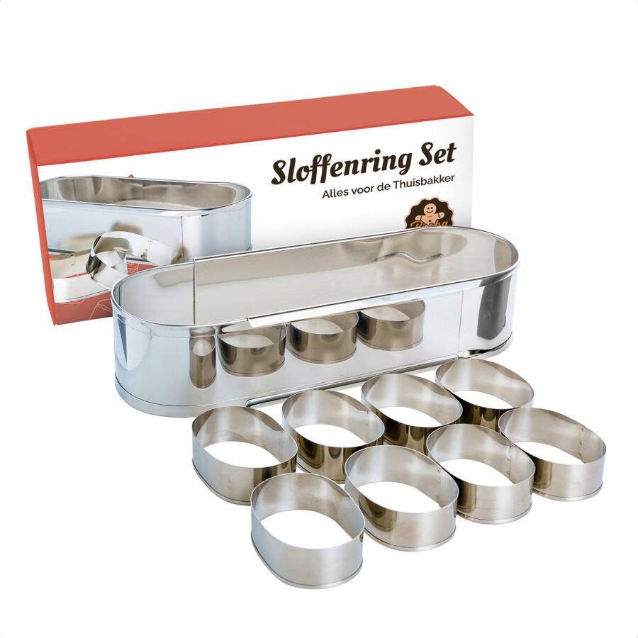 Broba Sloffenring Taartvorm Set met 8x Sloffenvorm Bakvorm en 1x Verstelbaar Bakframe – Slofvorm – Slofring – Slof Rond – Bakring Ovaal – Taartring – Kookring – Garneerring