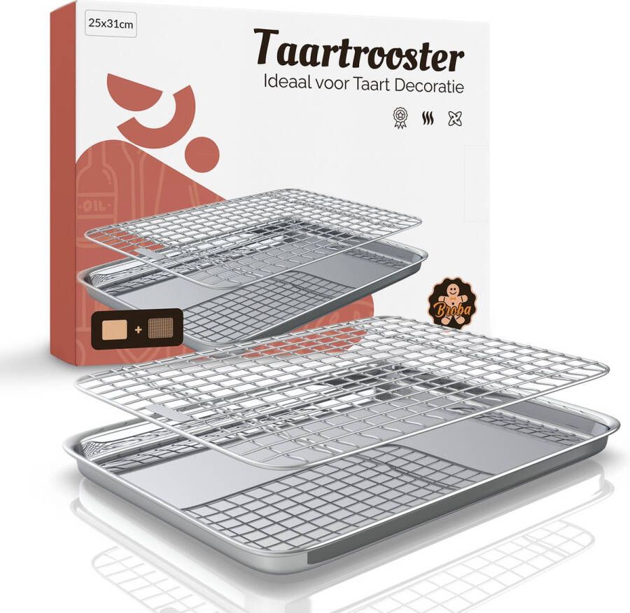 Broba Taartrooster met Bakplaat 24x31cm – Ideaal voor Taart Decoratie – RVS Afkoelrooster met Oven Bakplaat – Bakrooster met Ovenplaat – Koelrek