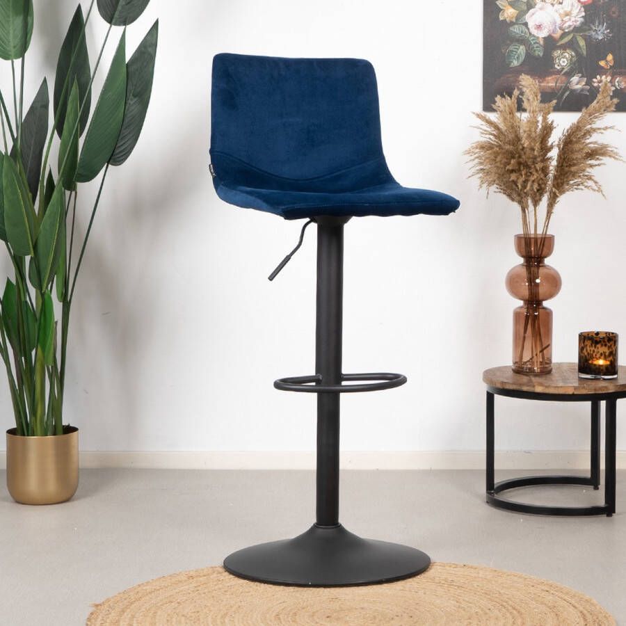 Bronx71 ® Barkruk blauw velvet Frenkie Barstoel in hoogte verstelbaar 60 76cm Barkrukken met rugleuning Barstoelen met rugleuning Draaibaar Blauwe barkruk velvet Velours Fluweel