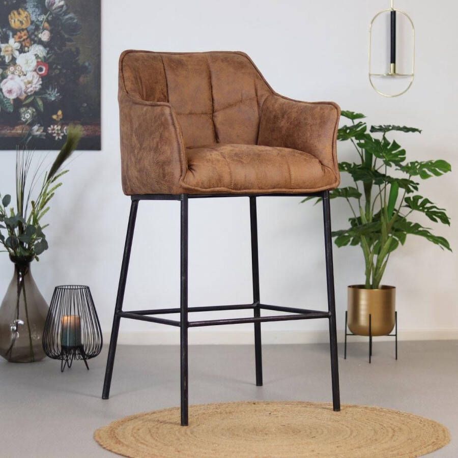 Bronx71 ® Barkruk industrieel Aaron cognac Zeer comfortabel Barkrukken met rugleuning Barstoelen met rugleuning Barkruk bruin