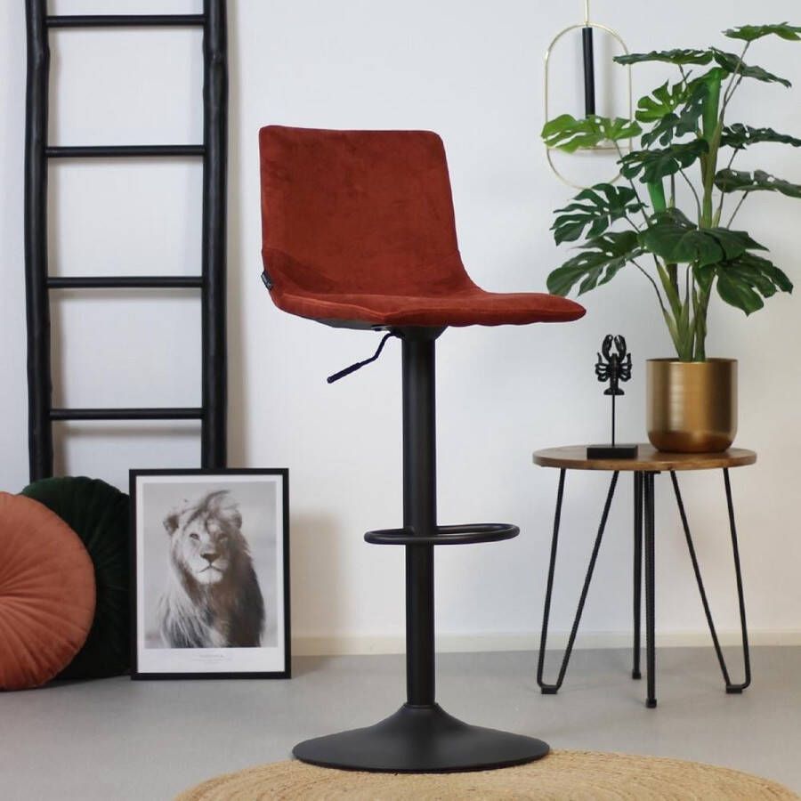 Bronx71 Barkruk koper velvet Frenkie Barstoel in hoogte verstelbaar: 60 76cm Barkrukken met rugleuning Barstoelen met rugleuning Velvet barkruk rood