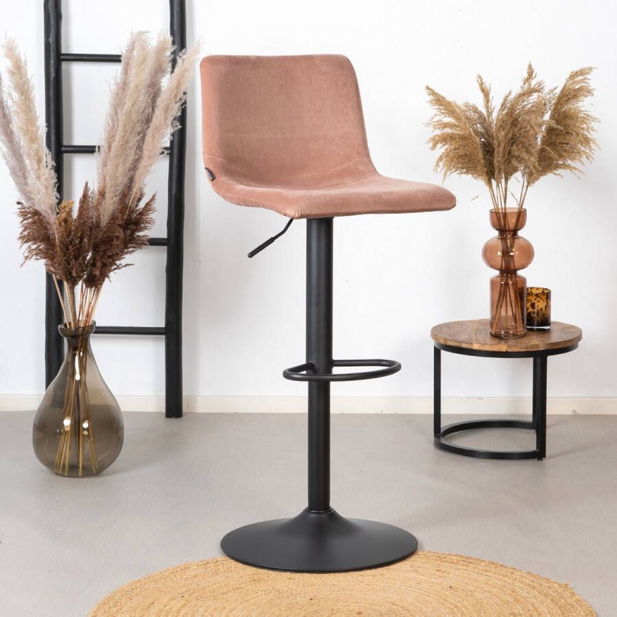 Bronx71 ® Barkruk roze velvet Frenkie Barstoel in hoogte verstelbaar 60 76cm Barkrukken met rugleuning Barstoelen met rugleuning Draaibaar Roze barkruk velvet Velours Fluweel