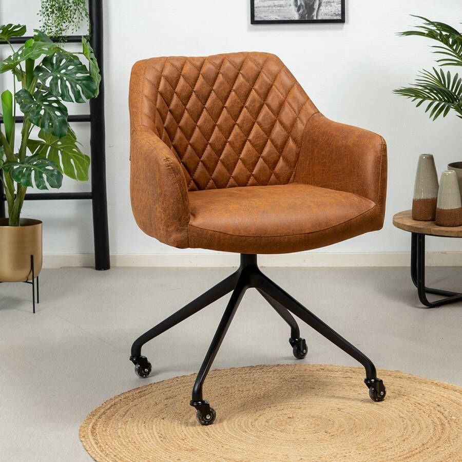 Bronx71 ® Eetkamerstoel leer Levi cognac Eetkamerstoelen met armleuning Eetkamerstoelen met wieltjes Kuipstoel Eetkamerstoel cognac Eetkamerstoel met armleuning