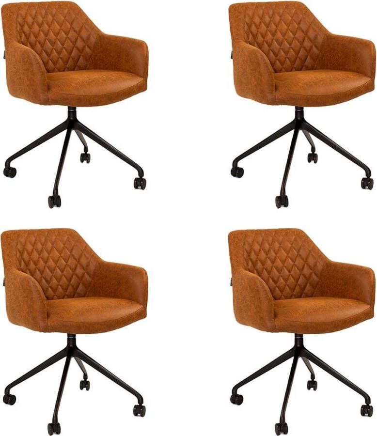 Bronx71 ® Eetkamerstoel met wieltjes Levi cognac eco leer Eetkamerstoelen set van 4