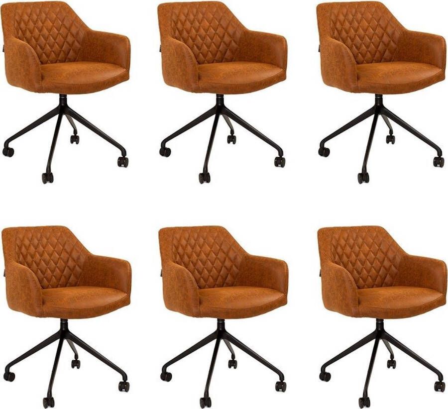 Bronx71 ® Eetkamerstoel met wieltjes Levi cognac eco leer Eetkamerstoelen set van 6