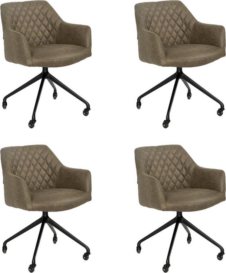 Bronx71 ® Eetkamerstoel met wieltjes Levi olijfgroen eco leer Eetkamerstoelen set van 4