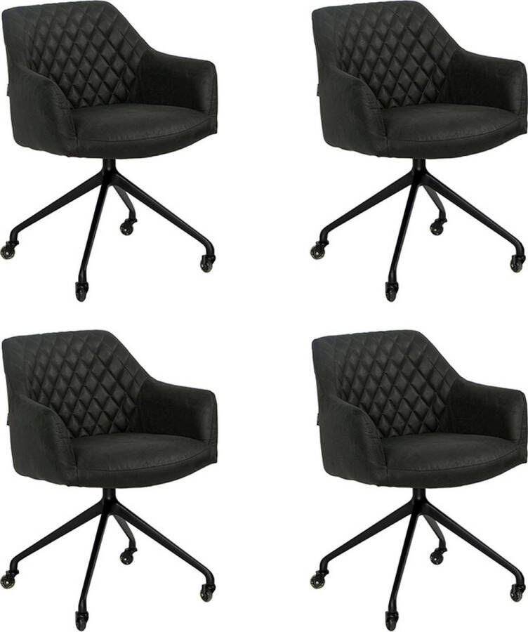 Bronx71 ® Eetkamerstoel met wieltjes Levi zwart eco leer Eetkamerstoelen set van 4