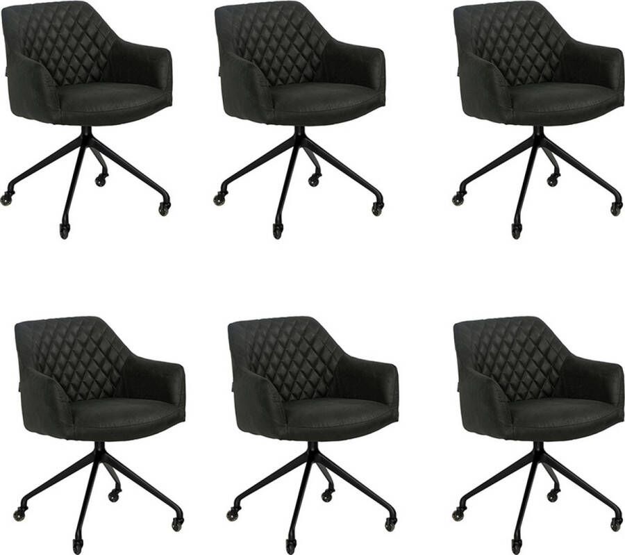 Bronx71 ® Eetkamerstoel met wieltjes Levi zwart eco leer Eetkamerstoelen set van 6