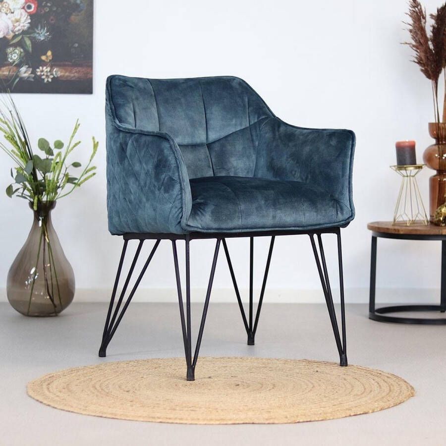 Bronx71 Eetkamerstoel velvet Jayron blauw Eetkamerstoelen met armleuning Eetkamerstoel blauw Stoel fluweel Eetkamerstoel met armleuning