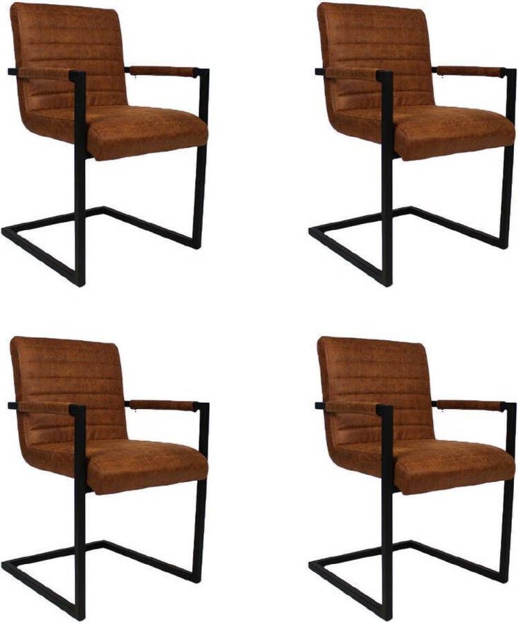 Bronx71 Industriële eetkamerstoel Block Cognac Eco-Leer Eetkamerstoelen set van 4.