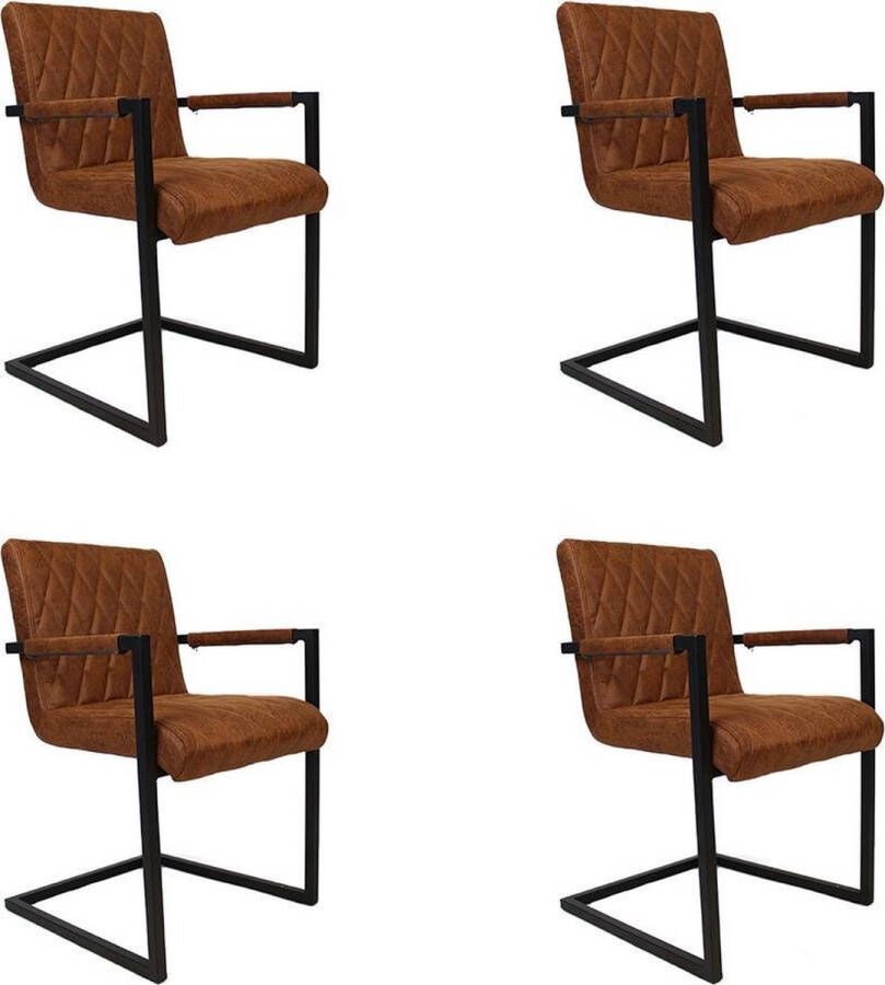 Bronx71 ® Industriële eetkamerstoel Diamond cognac eco leer Eetkamerstoelen set van 4