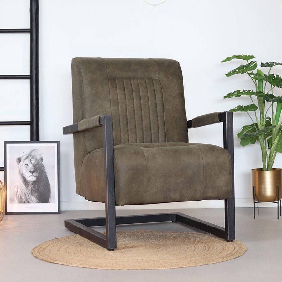 Livin24 Bronx71® Industriële fauteuil Austin olijfgroen microvezel