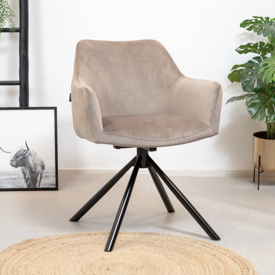 Bronx71 ® Velvet eetkamerstoel taupe Furtado 180° draaibaar Eetkamerstoelen met armleuning Kuipstoel Eetkamerstoel met armleuning