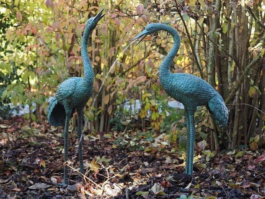Bronzartes Beelden brons Waterornament paar kraanvogels Hoogte 98 cm