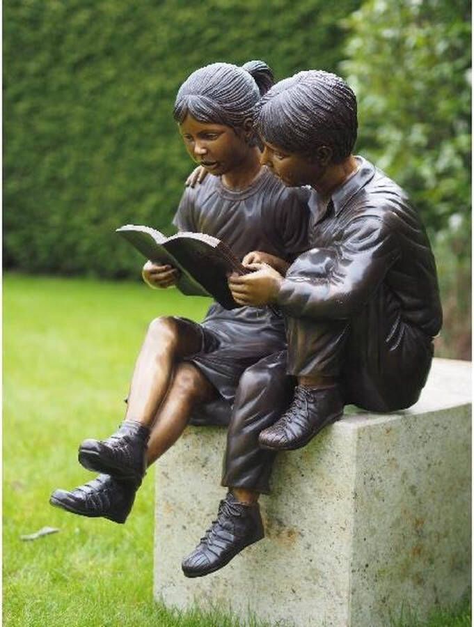 Bronzartes Tuinbeeld bronzen beeld 2 lezende kinderen 80 cm hoog