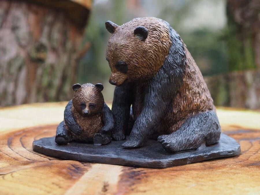 Bronzartes Tuinbeeld bronzen beeld Panda met jong 15 cm hoog