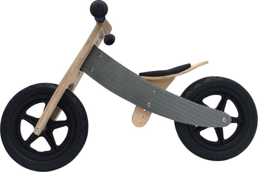 Broozzer luxe houten loopfiets CARBON FIBRE met ABEC 9 lagers en SPECIAAL gevulde rubberen luchtwielen 12 inch Zwart Wit Carbon