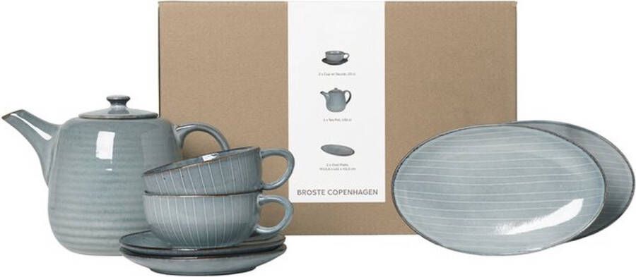 Broste Copenhagen Nordic Sea servies thee gift box 2 personen 5 delig theepot 2 x kop en schotel L en 2 ovale smalle schalen