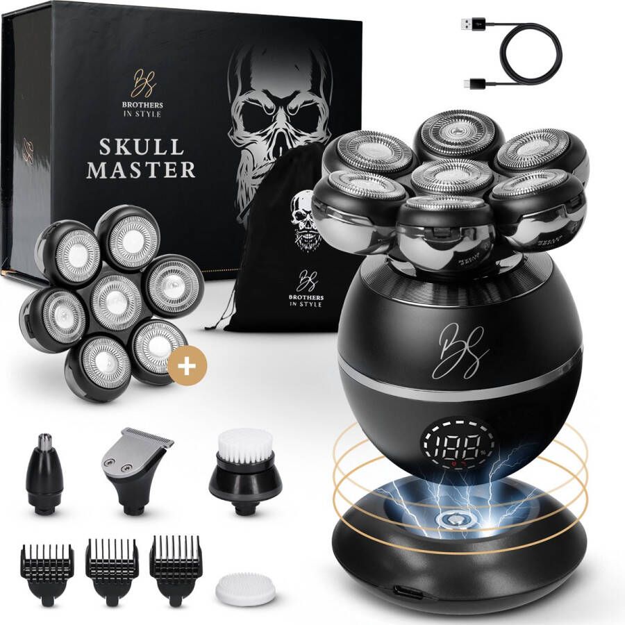 Brothers in Style 9-in-1 Scheerapparaat Mannen + Extra Scheerkop Skull Shaver Head Shaver – Neus & Baard Trimmer Nat & Droog 8 Koppen – Opbergzak