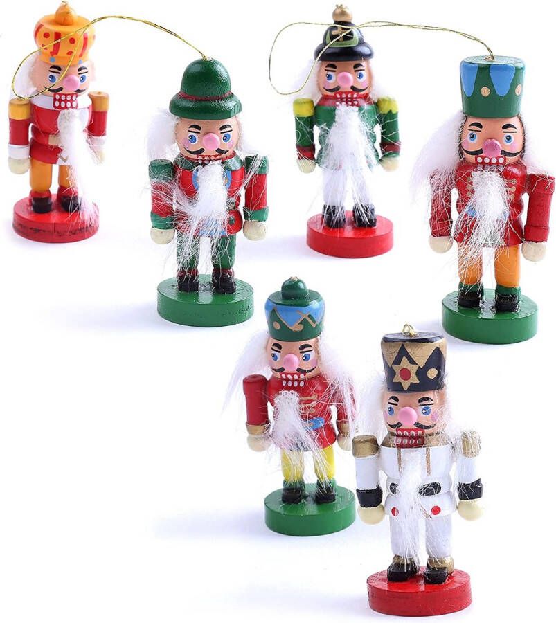 Brubaker 6-Delige Set Notenkraker Houten Hangers Kerstboomdecoraties Houten Kersthangers Handgeschilderd