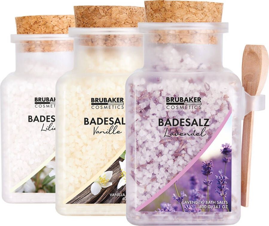 Brubaker Badzout set 3 x 400 g Lelie vanille en lavendel geur Bad toevoeging met natuurlijke extracten Wellness bad voor ontspanning recreatie en lichaamsverzorging