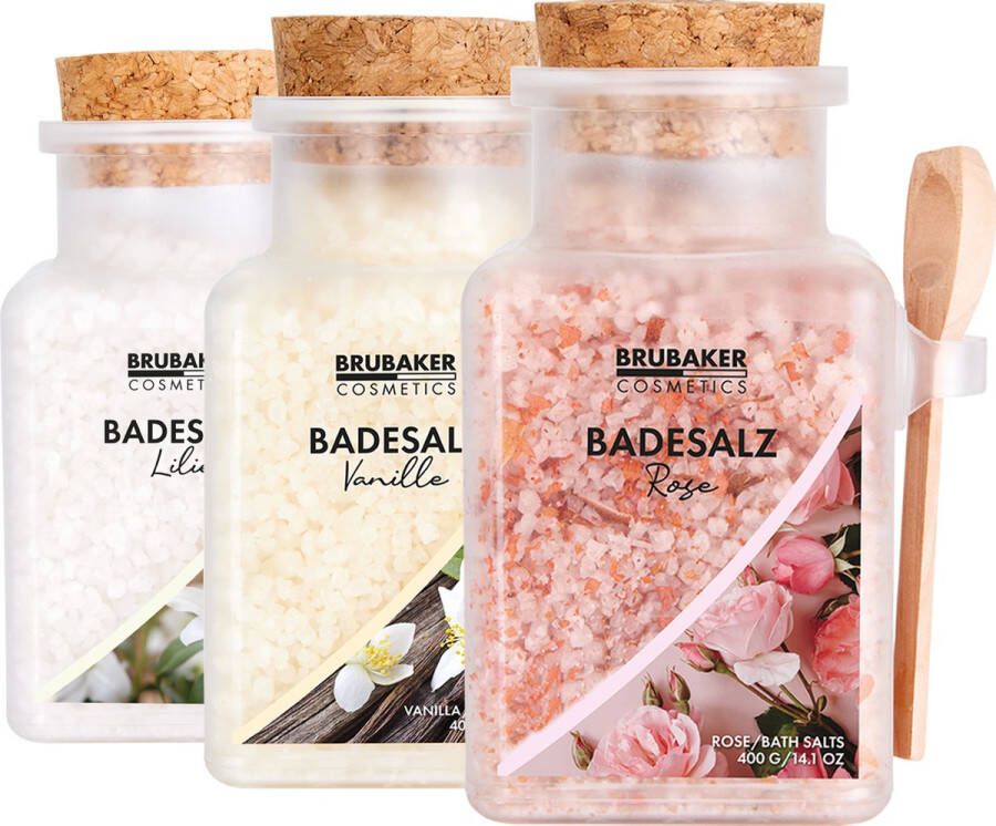 Brubaker Badzout set 3 x 400 g Rozenlelie en vanillegeur Badtoevoeging met natuurlijke extracten Wellnessbad voor ontspanning recreatie en lichaamsverzorging