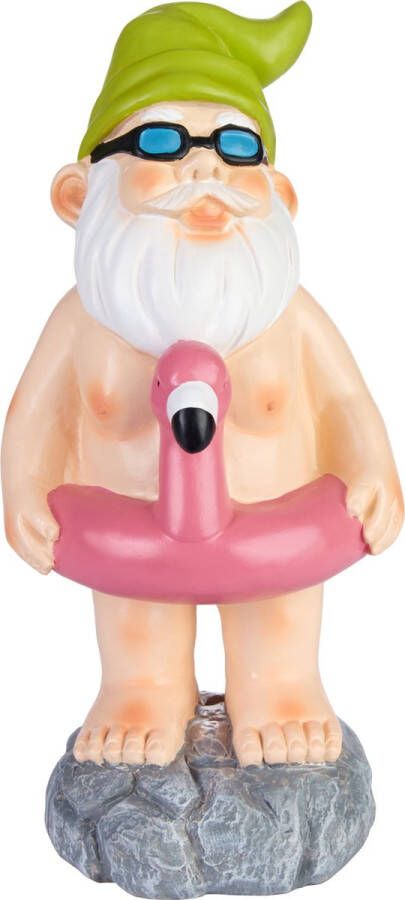 Brubaker Nudistische Tuinkabouter met Flamingo Zwemring Naakte Kabouter met Zonnebril Grappig Tuinbeeldje Weerbestendige Decoratie voor Tuin Camping en Buiten 24 cm hoog