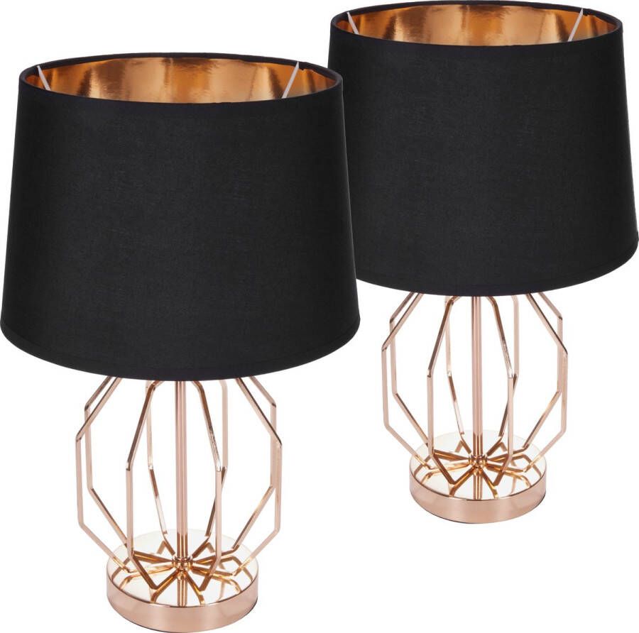 Brubaker Set van 2 tafel- of bedlampjes vintage rasterpatroon moderne tafellampen met metalen voet 45 cm hoog goud zwart