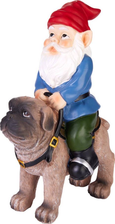 Brubaker Tuinkabouter met Hond Kabouter Rijdend Mopshondje in Zadel Grappig Tuinbeeldje Weerbestendige Decoratie voor Tuincamping en Hondenbezitters Tuindecoratie voor Buiten 26 cm