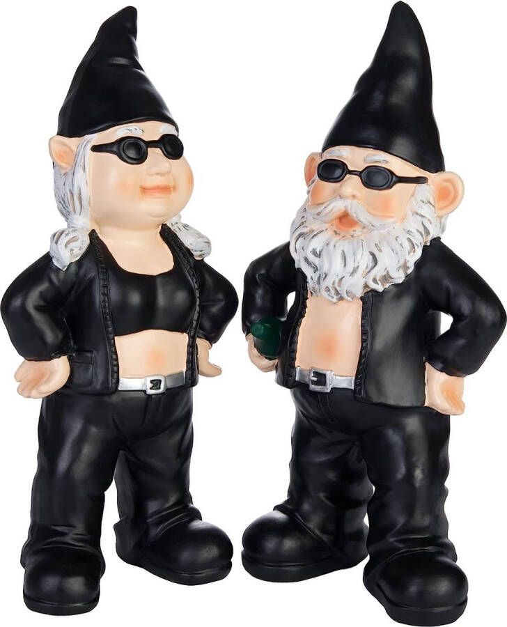 Brubaker Tuinkabouters Set Biker Man en Vrouw Zwart Rocker Kabouters met Zonnebril Grappig Tuinbeeldjes Weerbestendige Decoratie voor Tuin en Camping Buitentuin Decorate