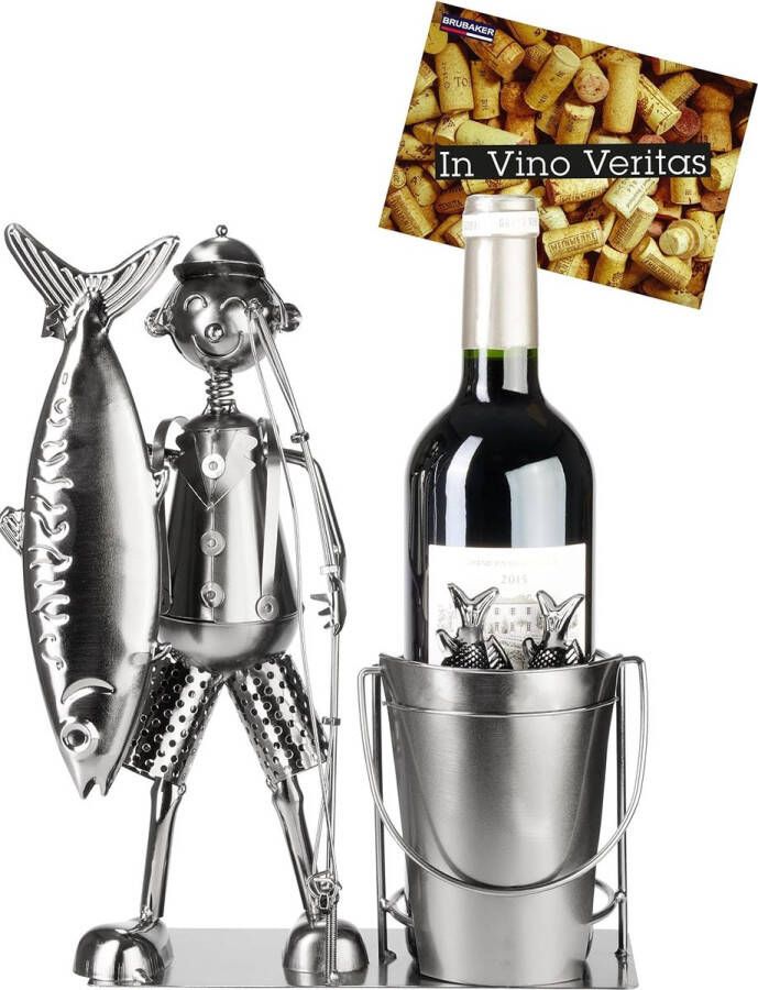 Brubaker Wijnfleshouder Grote Vangst Visser met Vis Hengel en Emmer Metalen Visfleshouder 30 cm Viswijngeschenk Decoratieve Flessenhouder met Wenskaart Wijnrek