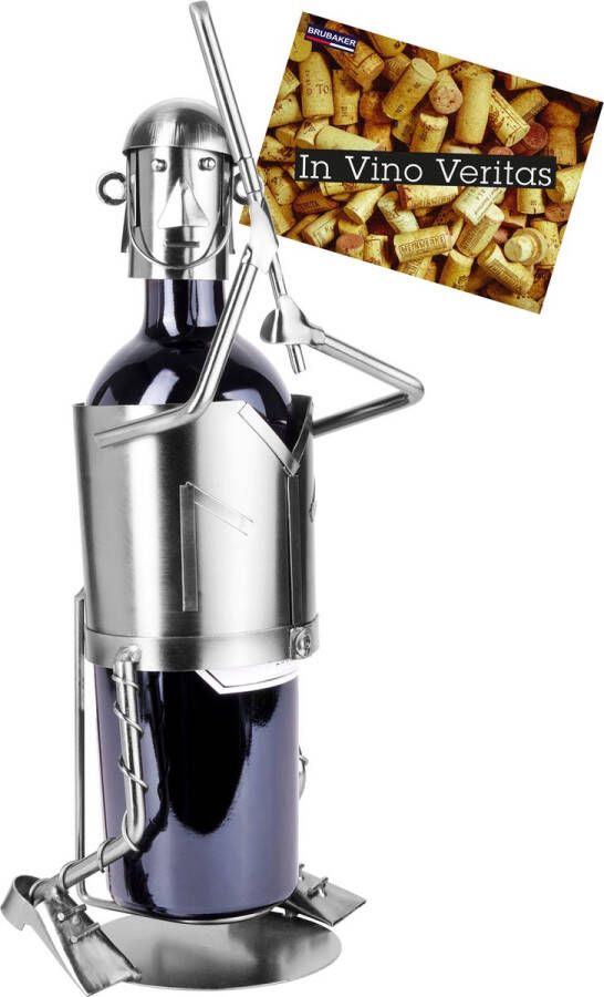 Brubaker Wijnfleshouder honkbalspeler flessenstandaard decoratief object metaal met wenskaart voor wijngeschenk