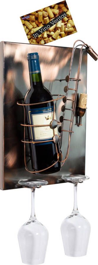 Brubaker wijnfleshouder Saxofon Wall Art afbeelding metaal met 2 glashouders inclusief wenskaart voor wensgeschenk