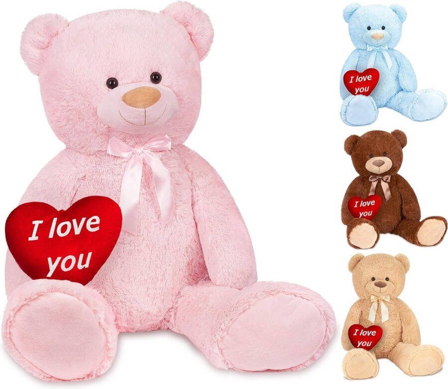 Brubaker XXL Teddybeer 100 cm met een Hartje I love you Zacht Speelgoed Knuffel Roze