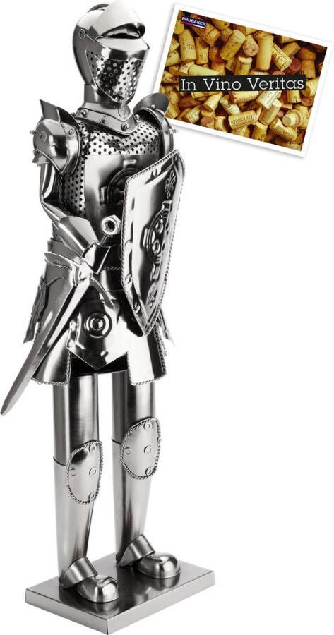 Brubaker XXL wijnfleshouder ridder met zwaard en schild 59 cm decoratief object metaal flessenstandaard met wenskaart voor wijn