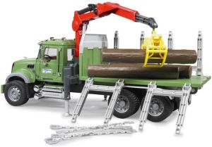 Bruder MACK Granite houttransportwagen met kraan en 3 boomstammen 1:16 Miniatuur kraan