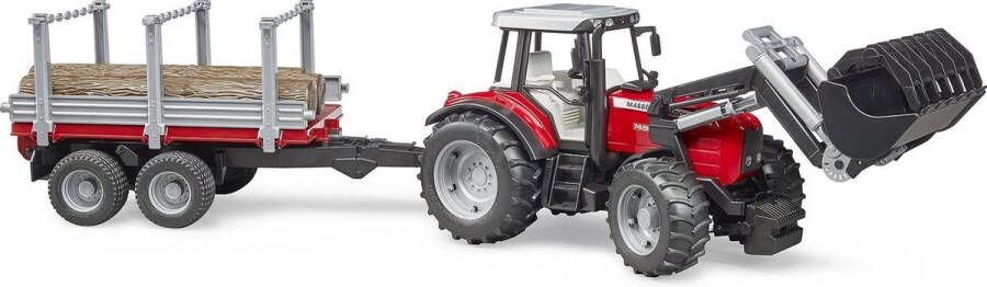 Bruder Massey Ferguson 7480 tractor met voorlader houttransporter en 3 boomstammen