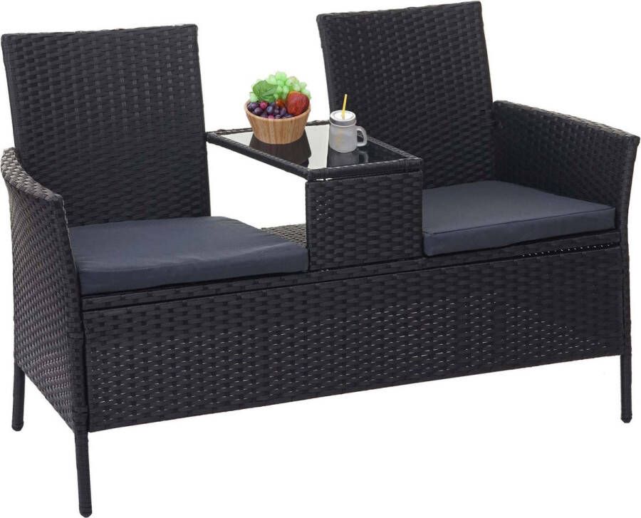 Brulo Poly rattan tuinbank met tafeltje tafel 2 zitter incl kussens -zwart 132 cm