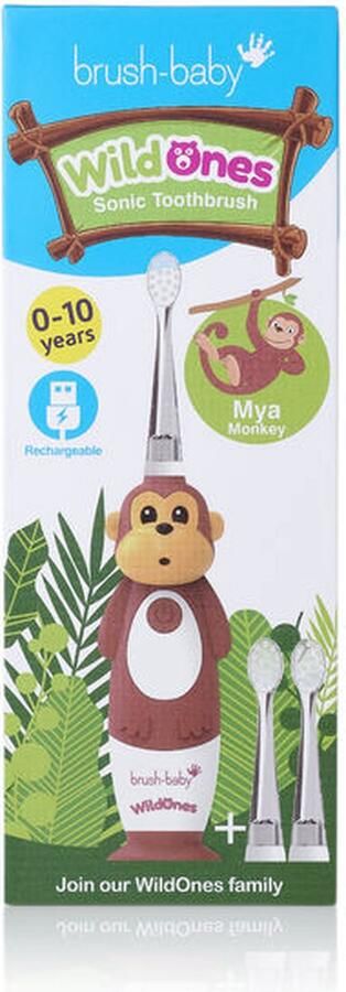 Brush-Baby “Voordeel Set Aap” Electrische Oplaadbare Kindertandenborstel + Tandpasta WildOnes Mya de Aap 0 10 jaar 3 opzetborstels 2 poetsstanden Timer & Pulse Disco licht Zuignapvoet