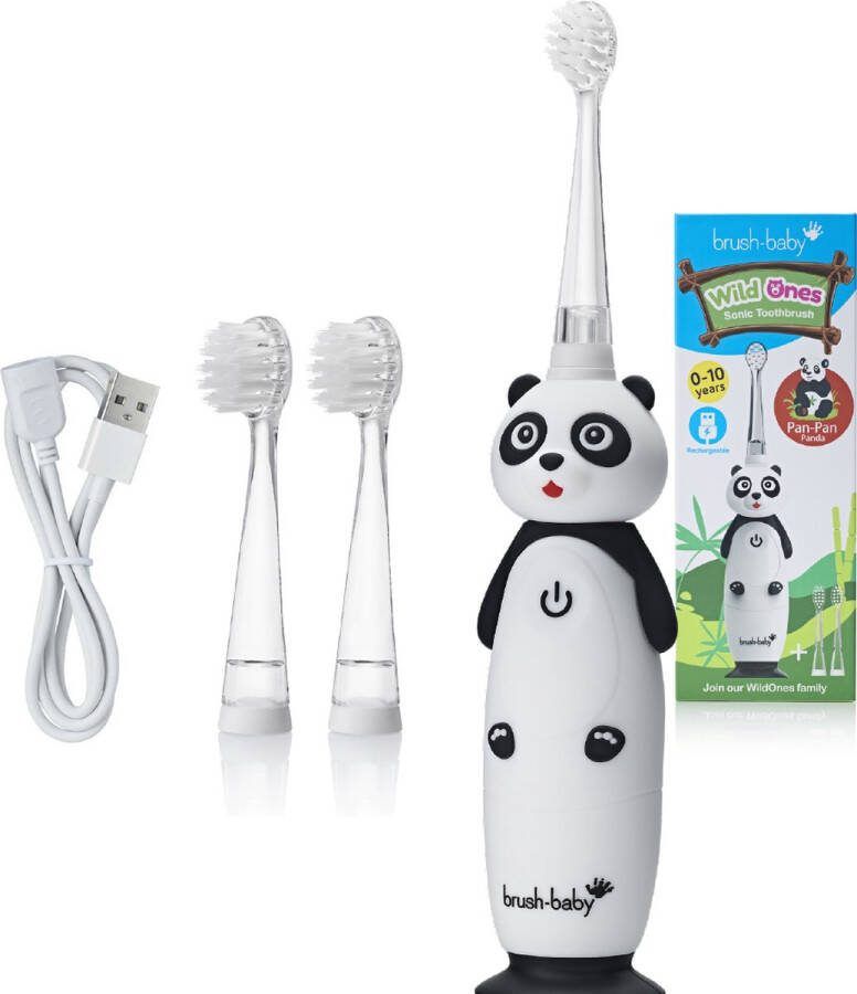 Brush-Baby “Voordeel Set Panda” Electrische Oplaadbare Kindertandenborstel + Tandpasta| WildOnes Pan-Pan de Panda 0 10 jaar 3 opzetborstels 2 poetsstanden Timer & Pulse Disco licht Zuignapvoet