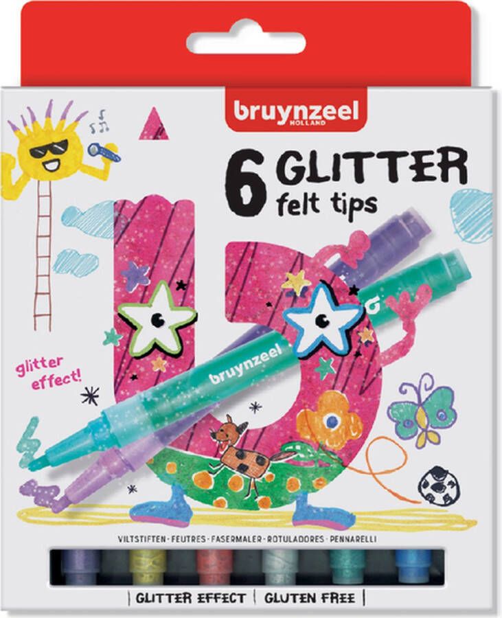 BRUYNZEEL Viltstift Kids glitter blister à 6 stuks assorti 6 stuks 6 stuks