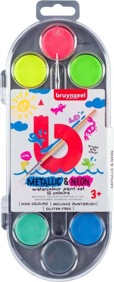 BRUYNZEEL Waterverf inclusief penseel set á 12 metallic- en neonkleuren