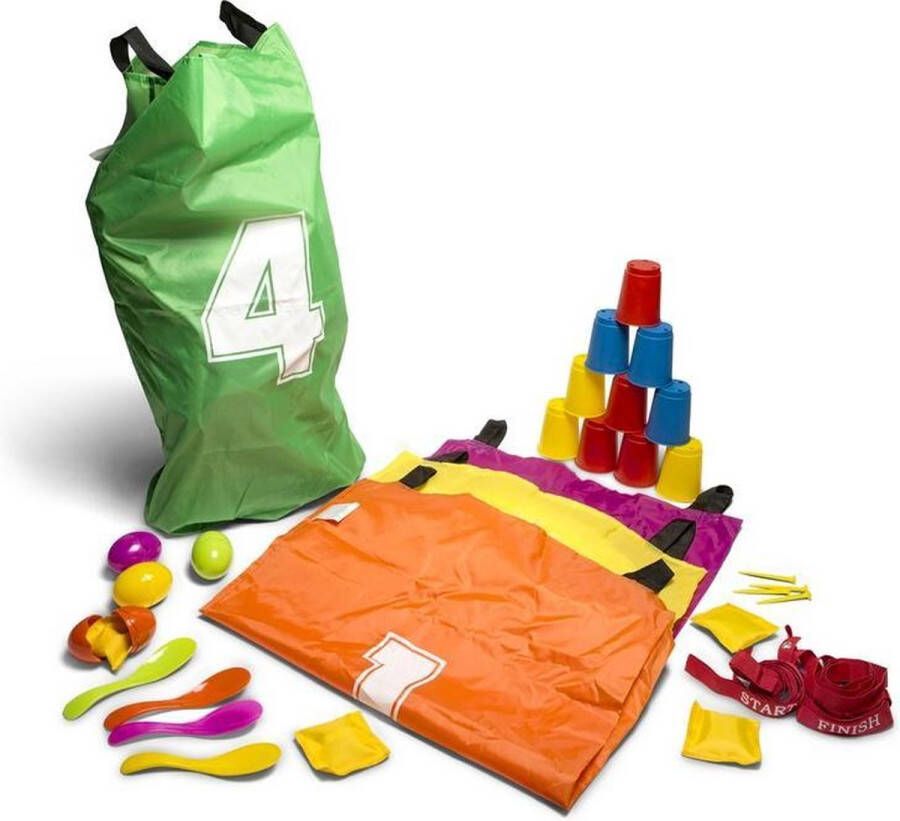 BS Toys Feestkit Spelset Partijtje met Verschillende spellen Zaklopen Blikgooien 4 Spelers Buitenspeelgoed voor Kinderen Vanaf 4 Jaar