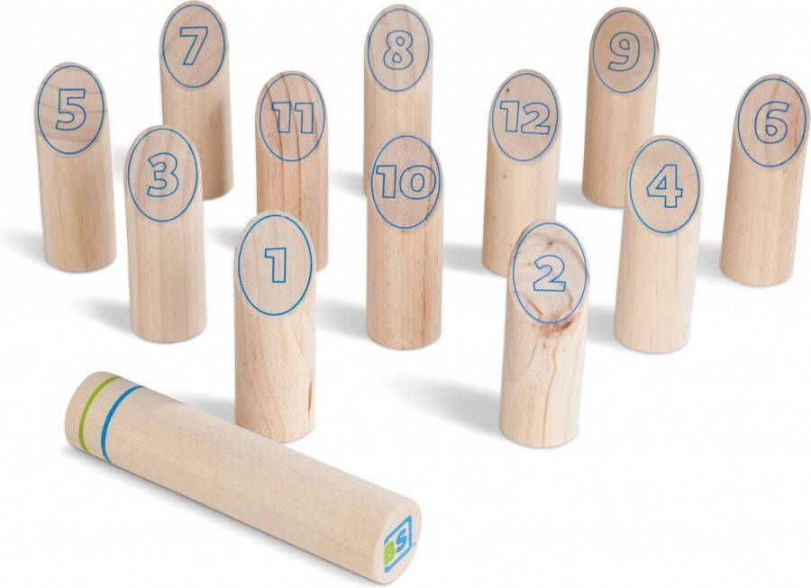 BS Toys Fins Werpspel Kubb Spel Buitenspeelgoed vanaf 8 Jaar Stok Gooien Kegelspel 12 Houten Paaltjes Kubb spel original Kubb familiespel Houten speelgoed Buiten speelgoed Buitenspel Buiten Spellen Tuin Speelgoed