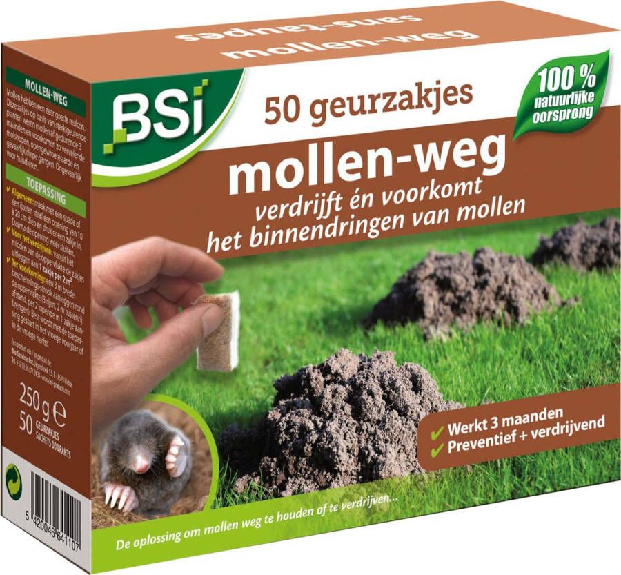 BSI Mollen-Weg 50 Geurcapsules Mollenbestrijding Verdrijft en voorkomt mollen in de tuin Ongevaarlijk voor huisdieren 50 geurzakjes voor 100 m²