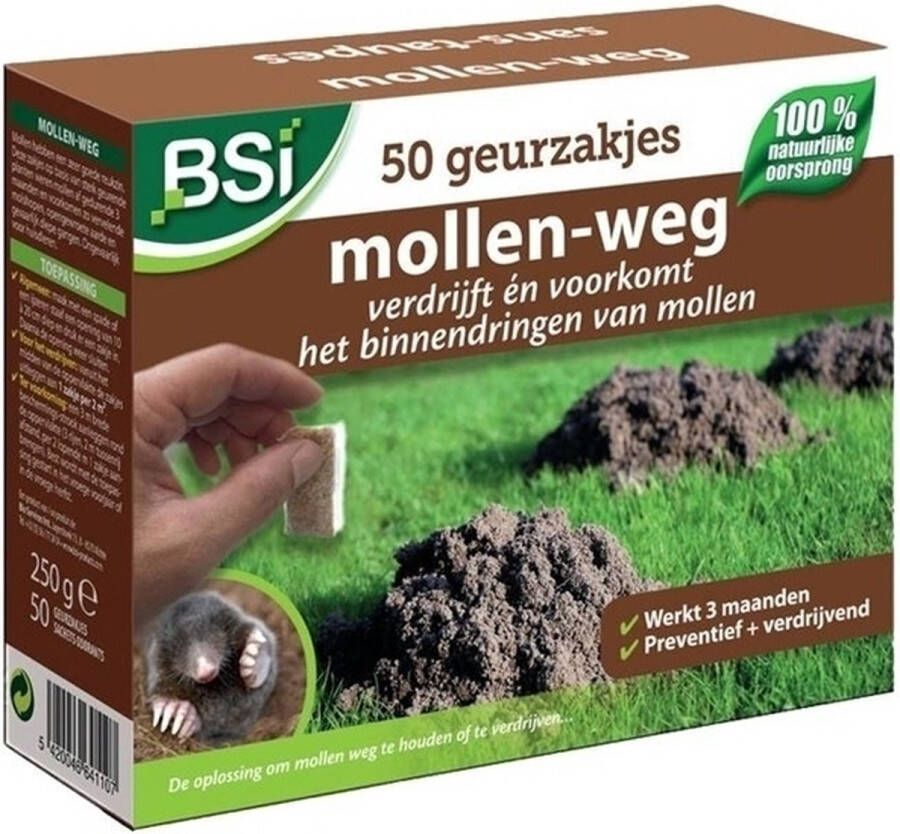 BSI Mollen-Weg 50 Geurcapsules Mollenbestrijding Verdrijft en voorkomt mollen in de tuin Ongevaarlijk voor huisdieren 50 geurzakjes voor 100 m²